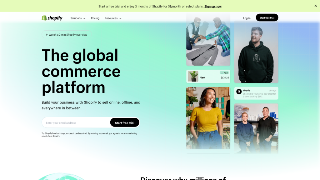 Start and grow your e commerce business 3 Day Free Trial Shopify USA
